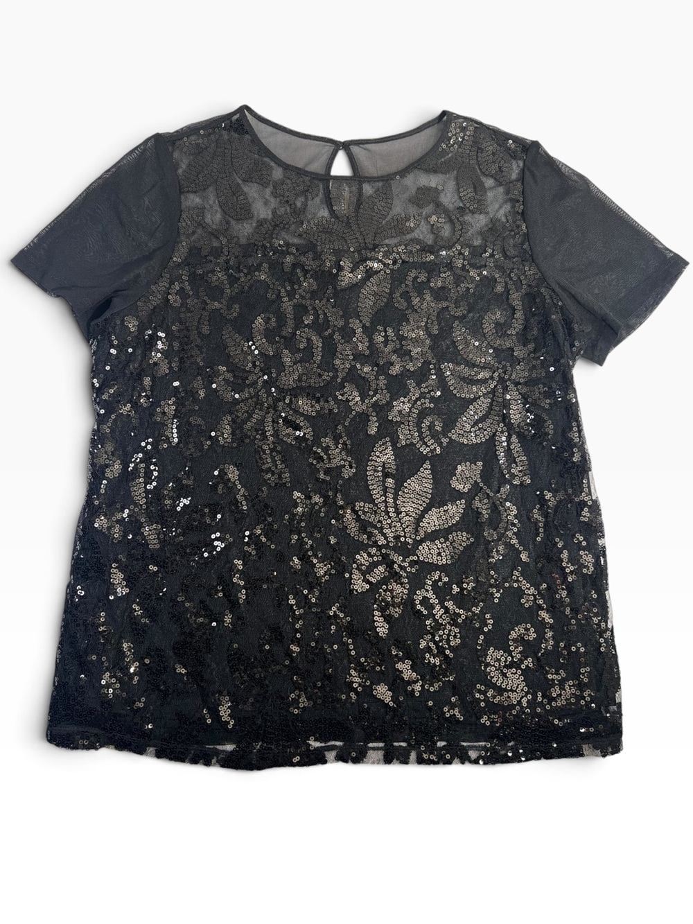 INC 1X Black Sequin Floral Mesh Sheer Goth Party Short Sleeve Blouse